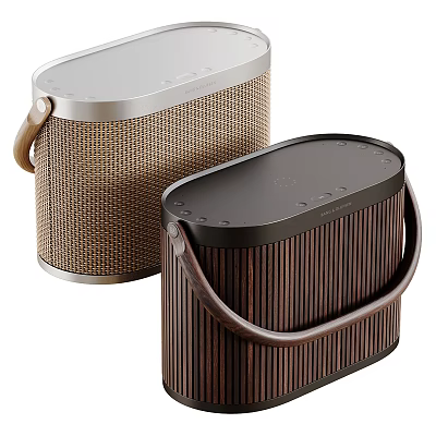 Two Stylish Portable Speakers Featuring Handheld Design Woven Fabric And Wooden Stripe Materials 3d model