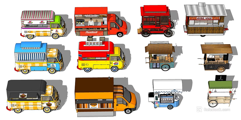 Colorful Mobile Food Trucks With Various Designs And Service Windows 3d model 