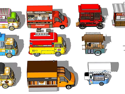 Colorful Mobile Food Trucks With Various Designs And Service Windows 3d model