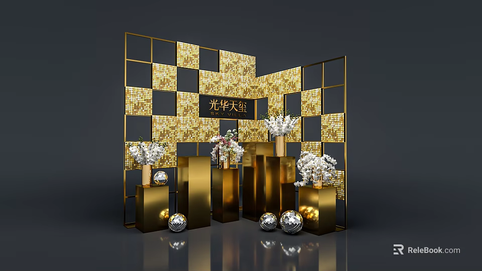 Guanghua Lobby Floral Display with Gold Black Checkered Wall Golden Pillars Pedestals Silver Spherical Ornaments 3d model 