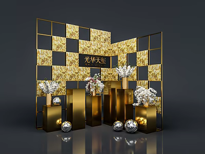 Guanghua Lobby Floral Display with Gold Black Checkered Wall Golden Pillars Pedestals Silver Spherical Ornaments 3d model