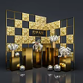 Guanghua Lobby Floral Display with Gold Black Checkered Wall Golden Pillars Pedestals Silver Spherical Ornaments