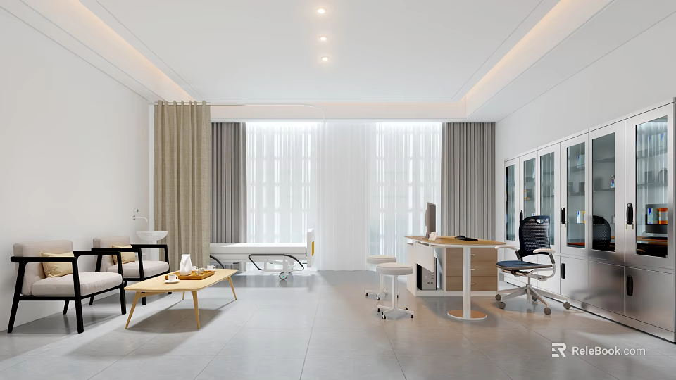 Modern Hospital Outpatient Clinic With Medical Consultation Desk Examination Bed And Cabinets 3d model 