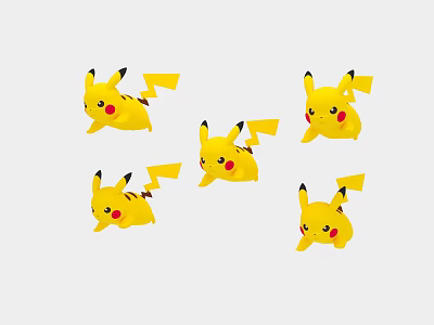 Adorable Yellow Pikachu Dolls With Lightning Tails And Red Cheeks Set 3d model