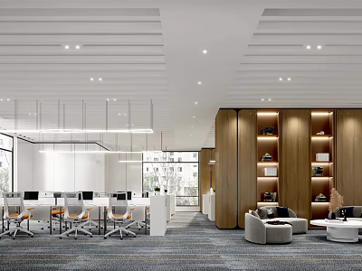 Modern Open Public Office Space With Desks Chairs Bookshelves And Lounge Area 3d model