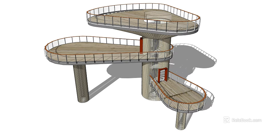 Multi Level Elevated Pedestrian Walkway With Wooden Deck Metal Railings And Supporting Pillars 3d model 
