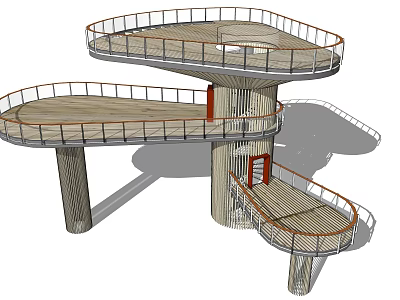 Multi Level Elevated Pedestrian Walkway With Wooden Deck Metal Railings And Supporting Pillars 3d model