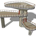 Multi Level Elevated Pedestrian Walkway With Wooden Deck Metal Railings And Supporting Pillars