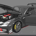 Silver Sports Car With Open Hood Red Engine Open Doors And Yellow Alloy Wheels