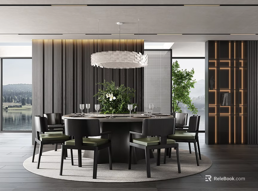 Modern Restaurant Interior With Round Dining Table Black Chairs Chandelier Plants And Large Windows 3d model