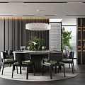 Modern Restaurant Interior With Round Dining Table Black Chairs Chandelier Plants And Large Windows 3d model