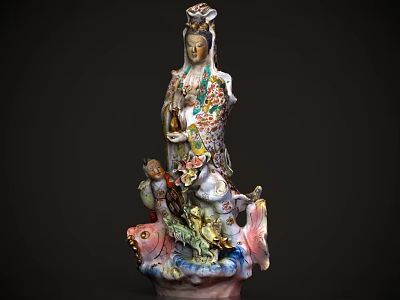 Intricate Sculpture Carving of Traditional Figure with Ornate Decoration and Vibrant Colors 3d model