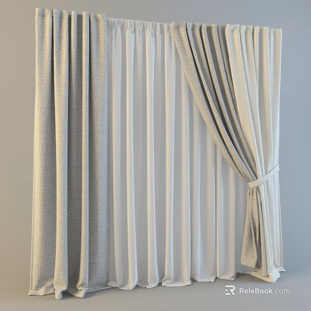 Gray And White Double Layer Textured Curtains With Sheer Fabric And Tieback Design 3d model 