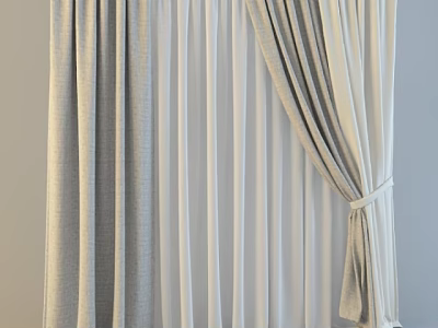 Gray And White Double Layer Textured Curtains With Sheer Fabric And Tieback Design 3d model