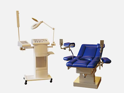 Blue Medical Examination Chair With White Equipment Cart And Accessories 3d model