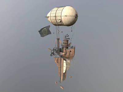 Steampunk Themed Hot Air Balloon With Ship Like Structure And Flag 3d model