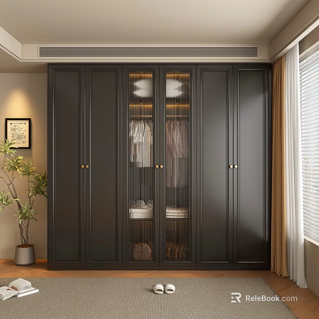 Modern Dark Wardrobe With Glass Panel Doors Hanging Clothes And Folded Garments Inside 3d model 