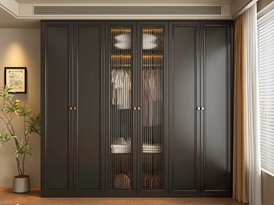 Modern Dark Wardrobe With Glass Panel Doors Hanging Clothes And Folded Garments Inside 3d model