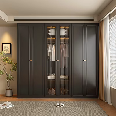 Modern Dark Wardrobe With Glass Panel Doors Hanging Clothes And Folded Garments Inside 3d model