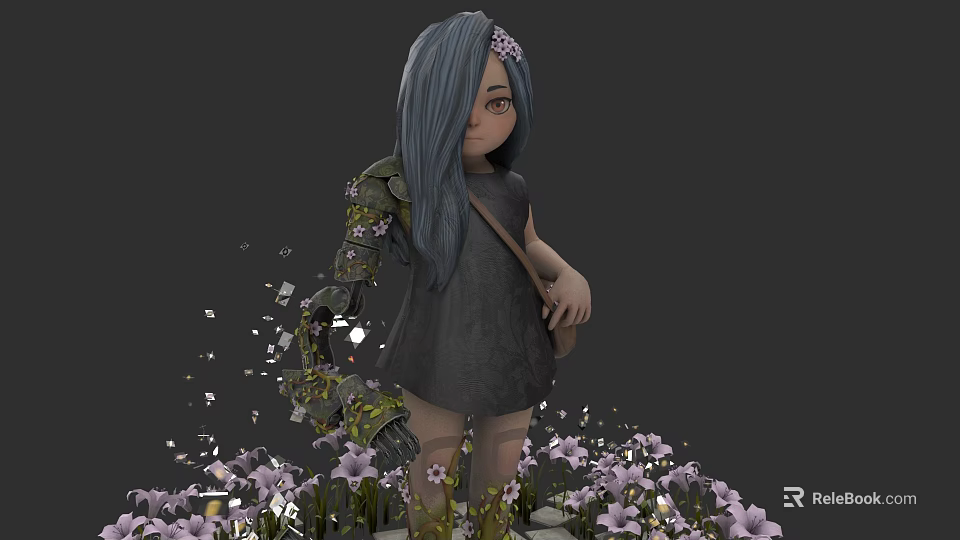 Game Movie Character With Blue Long Hair Flower Dark Dress Mechanical Arm And Purple Flowers 3d model 
