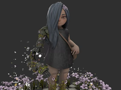 Game Movie Character With Blue Long Hair Flower Dark Dress Mechanical Arm And Purple Flowers 3d model