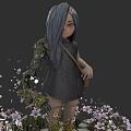 Game Movie Character With Blue Long Hair Flower Dark Dress Mechanical Arm And Purple Flowers