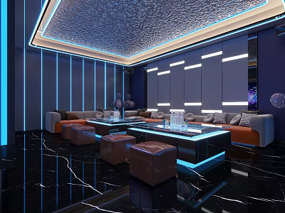 Modern KTV Interior With Blue Lighting Sofa Seating And Coffee Tables 3d model
