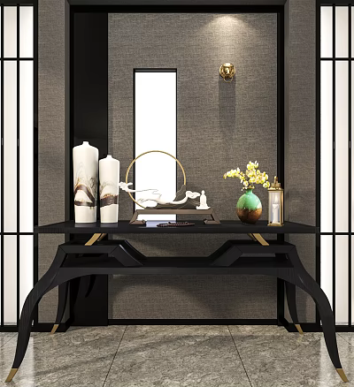 Modern Black Console Table With Gold Accents White Vases Circular Metal Decor And Yellow Flowers 3d model