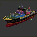 Work Boat Featuring Blue Upper Structure Red Hull Yellow Trim And Red Crane