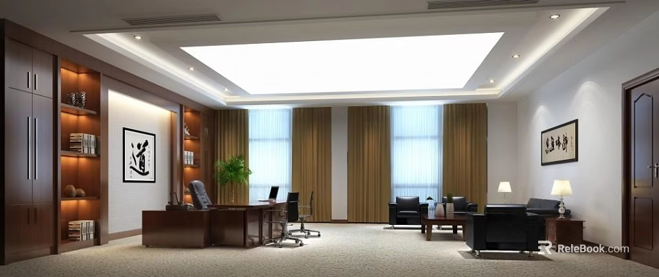 Modern Office Interior With Executive Desk Ergonomic Chairs Window Curtains And Green Plant 3d model 