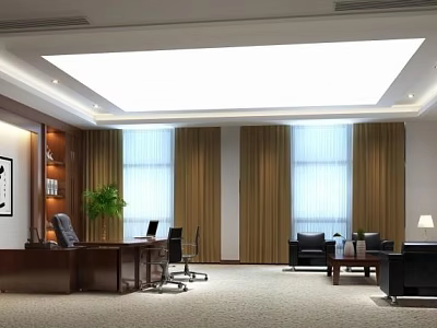 Modern Office Interior With Executive Desk Ergonomic Chairs Window Curtains And Green Plant 3d model
