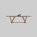 Wooden Dining Table with Unique Geometric Table Legs and Small Black Objects on Top 3d model