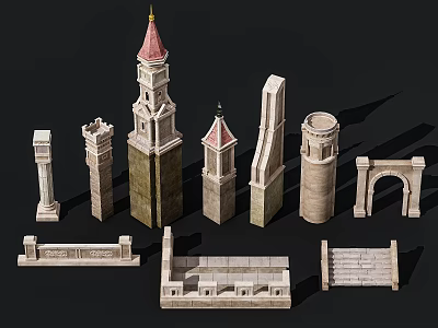 Collection Of Classical Stone Architectural Components With Towers Columns Arches And Stairs 3d model