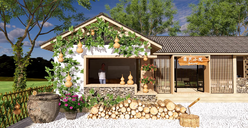 Rural Countryside Scenery with Traditional Cottage Gourd Vines Woodpile Flowers and Person at Entrance 3d model 