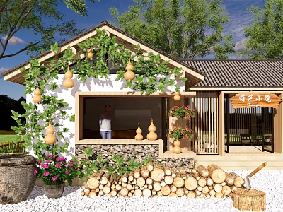Rural Countryside Scenery with Traditional Cottage Gourd Vines Woodpile Flowers and Person at Entrance 3d model