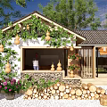 Rural Countryside Scenery with Traditional Cottage Gourd Vines Woodpile Flowers and Person at Entrance