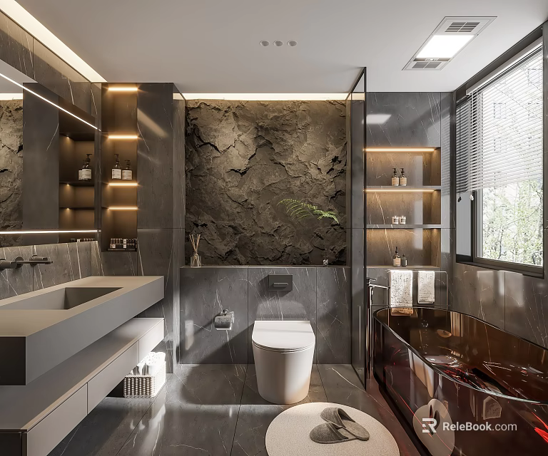 Modern Bathroom Interior With Gray Rock Texture Wall Double Sinks Freestanding Bathtub And Toilet 3d model 
