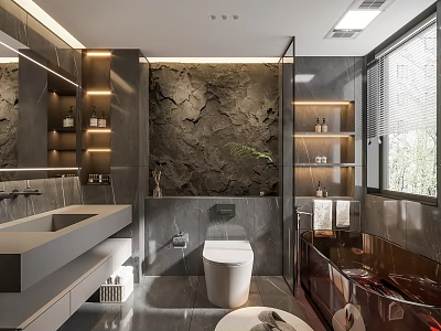 Modern Bathroom Interior With Gray Rock Texture Wall Double Sinks Freestanding Bathtub And Toilet 3d model