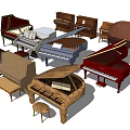 Various Musical Instruments Including Pianos With Different Styles And Wooden Stools 3d model