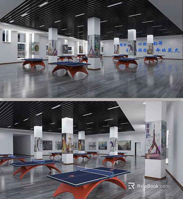 Indoor Table Tennis Fitness Space With Multiple Ping Pong Tables And Bright Interior 3d model 