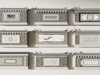 Traditional Chinese Scenic Wall Designs With Gray Brick Panels And Carved Roof Details 3d model
