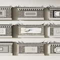 Traditional Chinese Scenic Wall Designs With Gray Brick Panels And Carved Roof Details