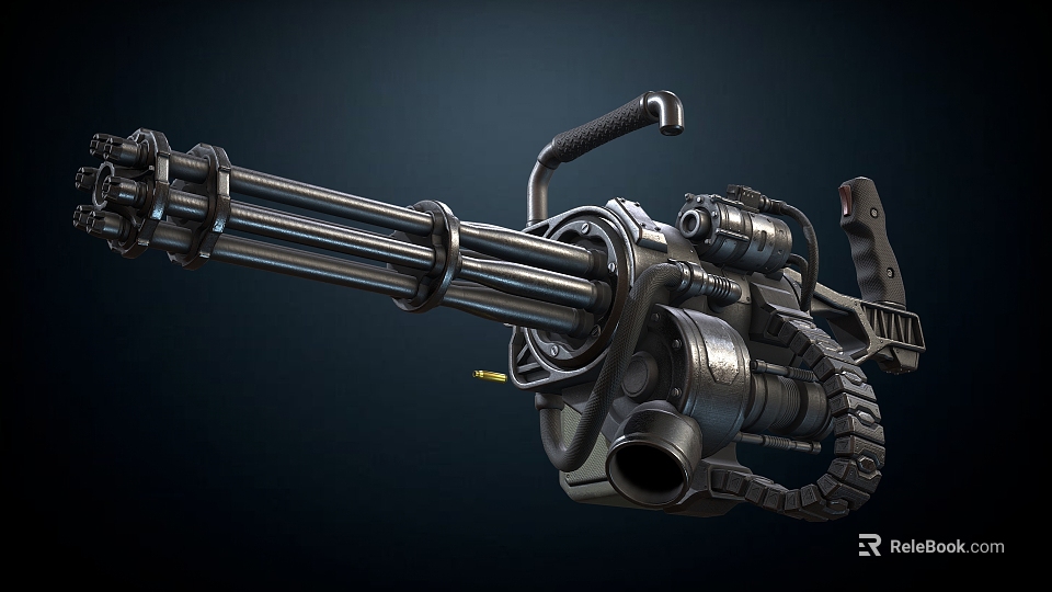 Heavy Duty Gatling Machine Gun Featuring Rotating Barrels Metal Frame And Ammunition Belt 3d model 