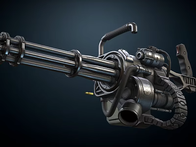 Heavy Duty Gatling Machine Gun Featuring Rotating Barrels Metal Frame And Ammunition Belt 3d model