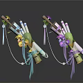 Colorful Scroll Shaped Household Items With Blue Purple Green Straps Tassels And Chains