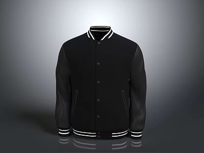 Black Varsity Jacket with White Collar Cuffs Hem Trim and Leather Sleeves Button Front Design 3d model