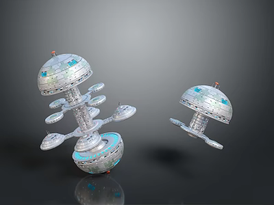 Futuristic Floating Dome Structures With Metallic Platforms And Blue Accents 3d model