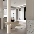 Modern Open Dining and Living Room Interior With Minimalist Marble Countertop And Grey Floor