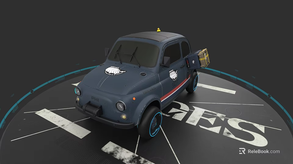 Small Dark Blue Car With Yellow Roof Light White Logos Black Wheels Blue Rims 3d model 