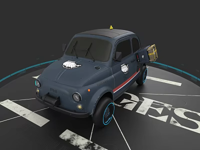 Small Dark Blue Car With Yellow Roof Light White Logos Black Wheels Blue Rims 3d model